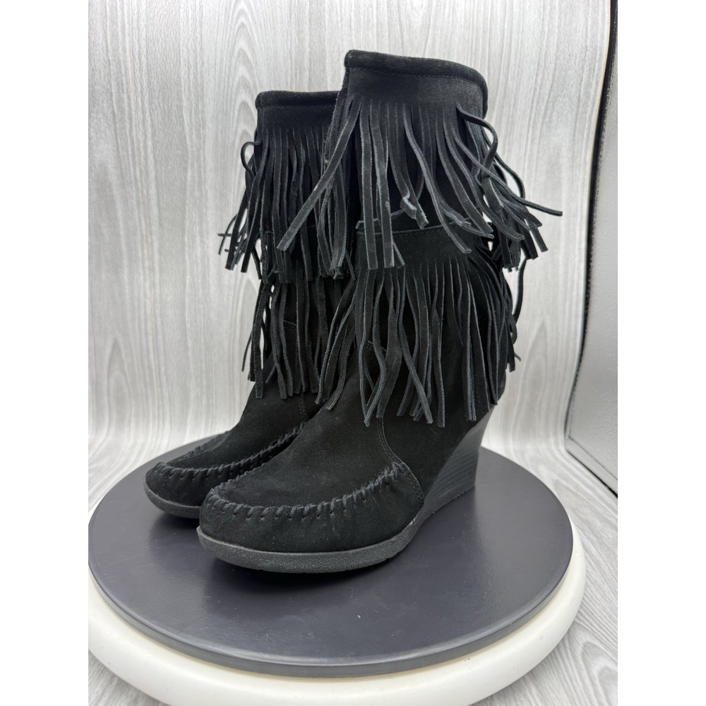 MINNETONKA Genuine Suede Womens Size 8.5 Black Wedge Double Fringe Boots 84030